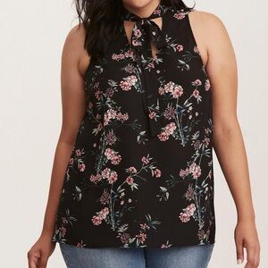 Torrid Black & Pink Floral Tie Georgette Tie Chiffon Tank Top Blouse
